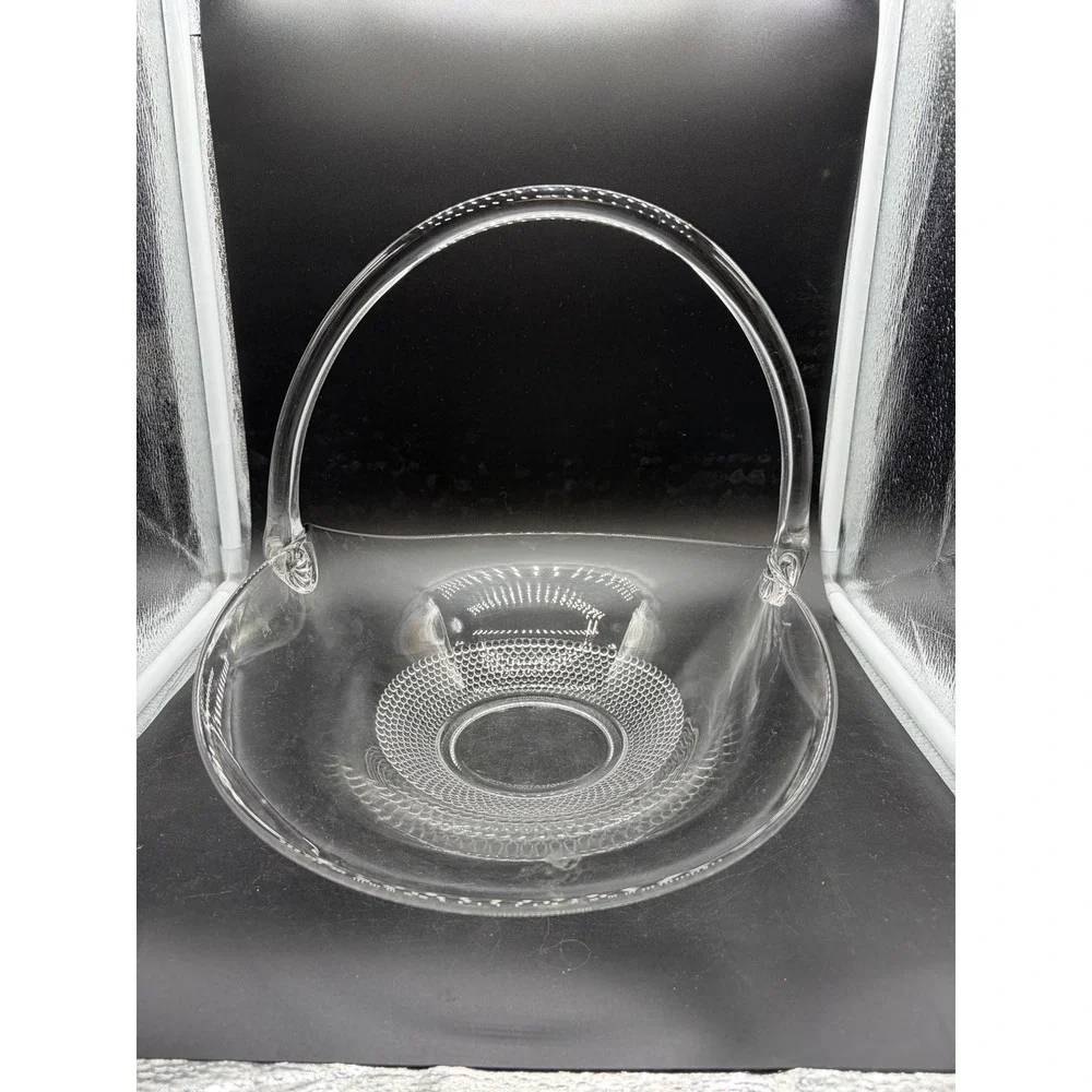 Vintage Clear Glass Tricorn Basket with Hobnail Base and High Arch Handle‎